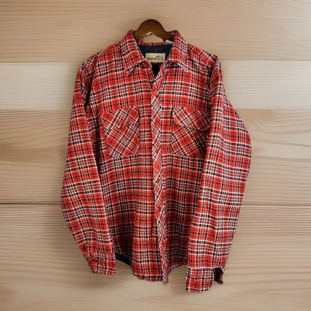True Vintage Insulated Flannel Shirt L Red Plaid 100% Cotton Shacket‎ Gorpcore